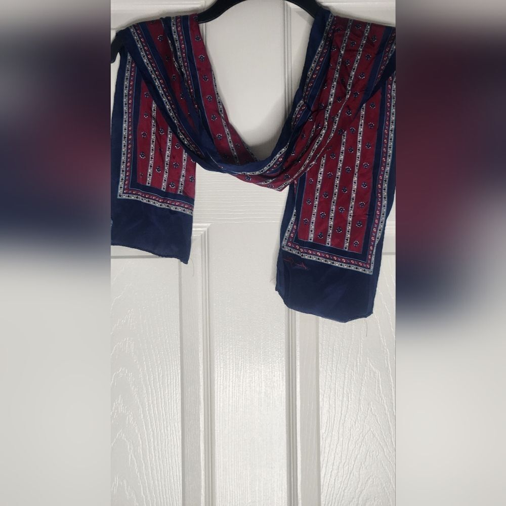 VTG 1986 Ginnie Johansen 100% SILK Scarf 52" X 8" Japan Burgundy Blue